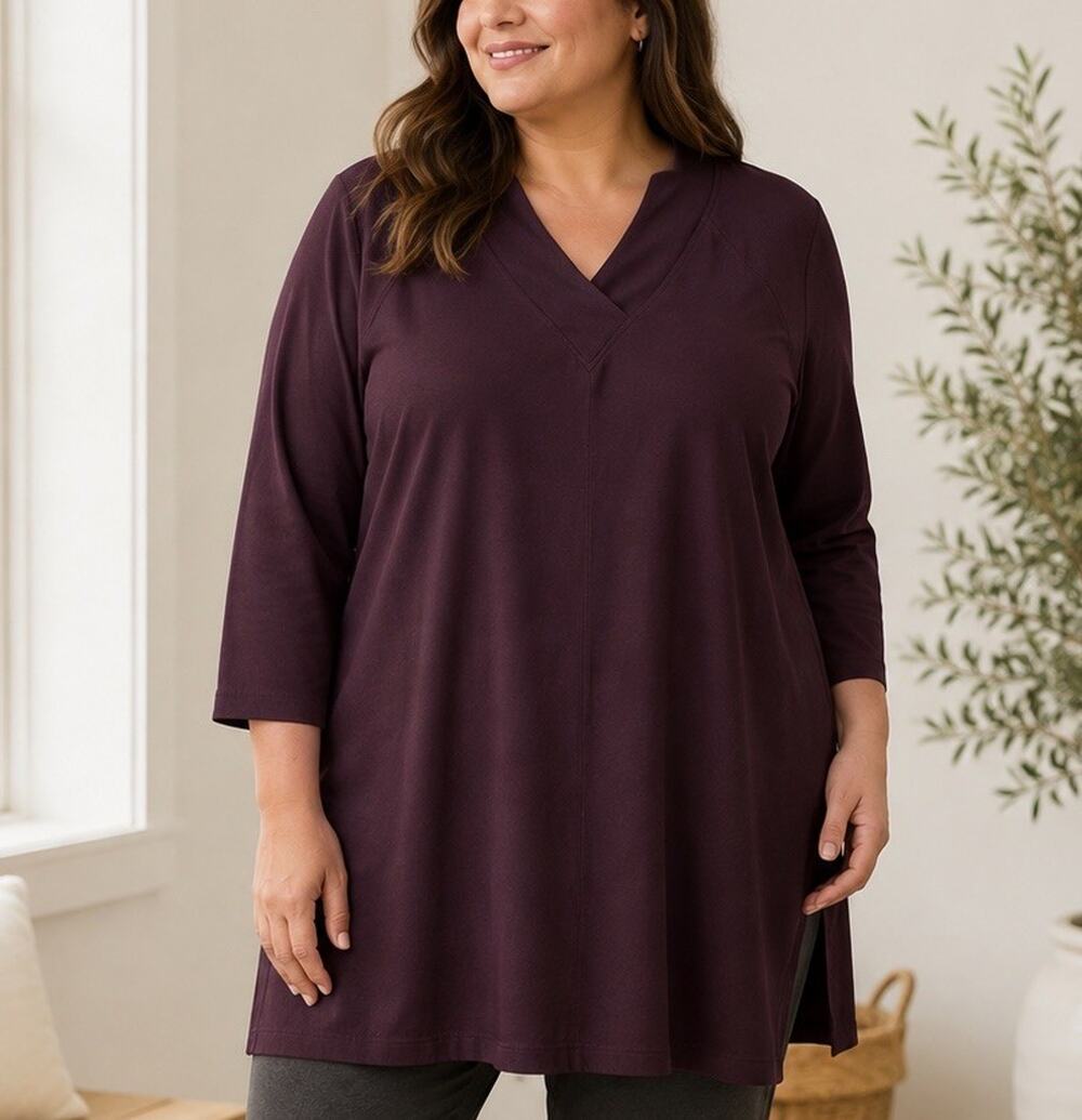 J Jill 2X Affinity French Terry Tunic Top Eggplant Purple V Neck 3/4 Sleeves